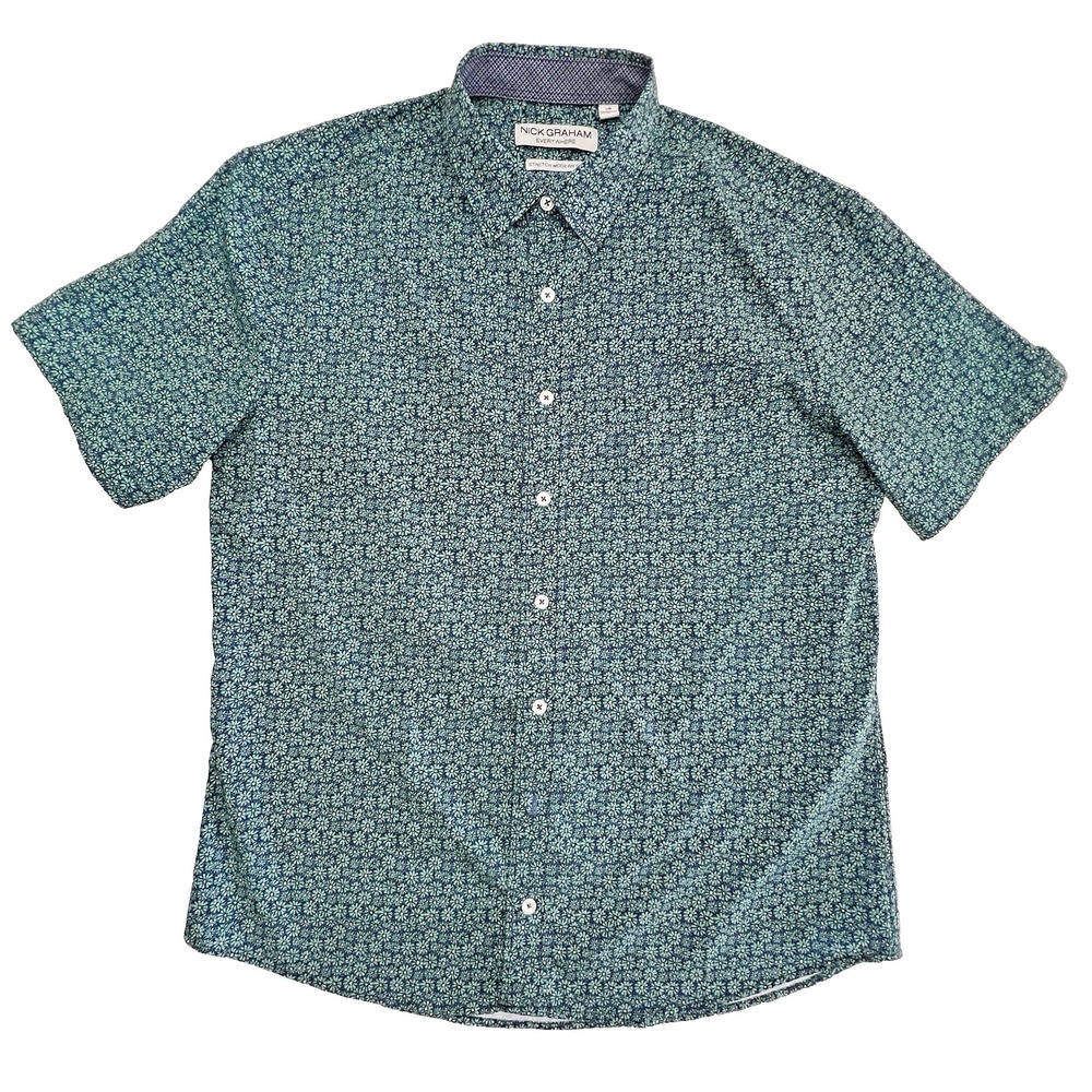 Nick Graham Everywhere Button Down Men Large Blue Green Excellent Floral Stretch